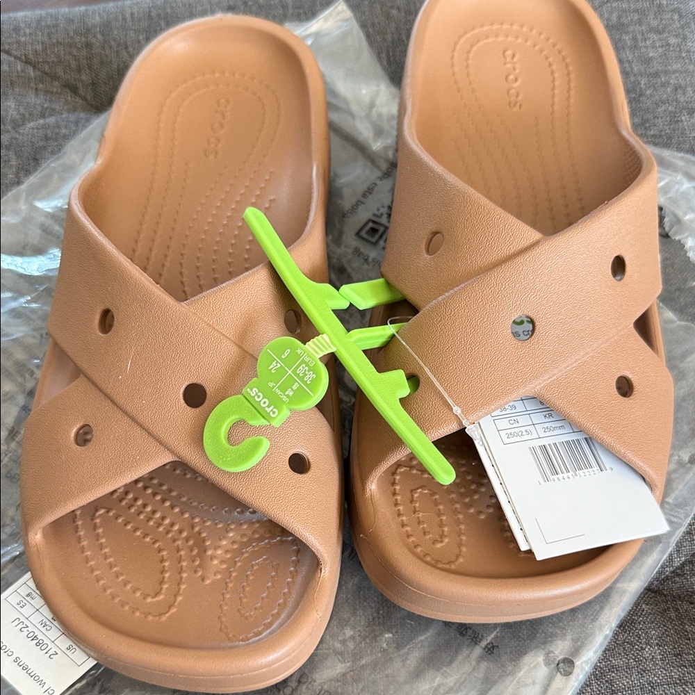 CROCS Tan Sandals with Neon Green Accent